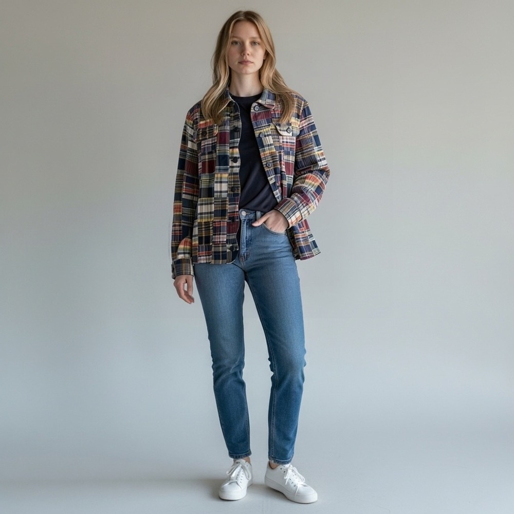 Christopher & Banks Madras XL Patchwork Plaid Button Front Shirt Jacket Shacket